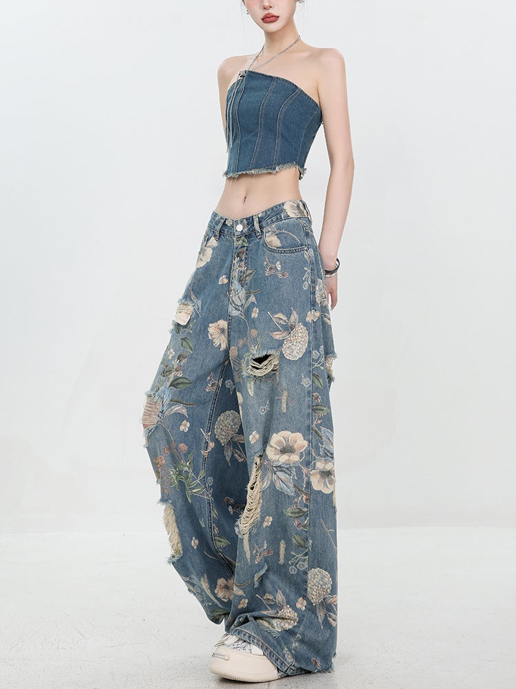 Big Ripped Original American Style Retro Printed Ripped Jeans Women'S Loose Straight Wide Leg Pants - Image 3